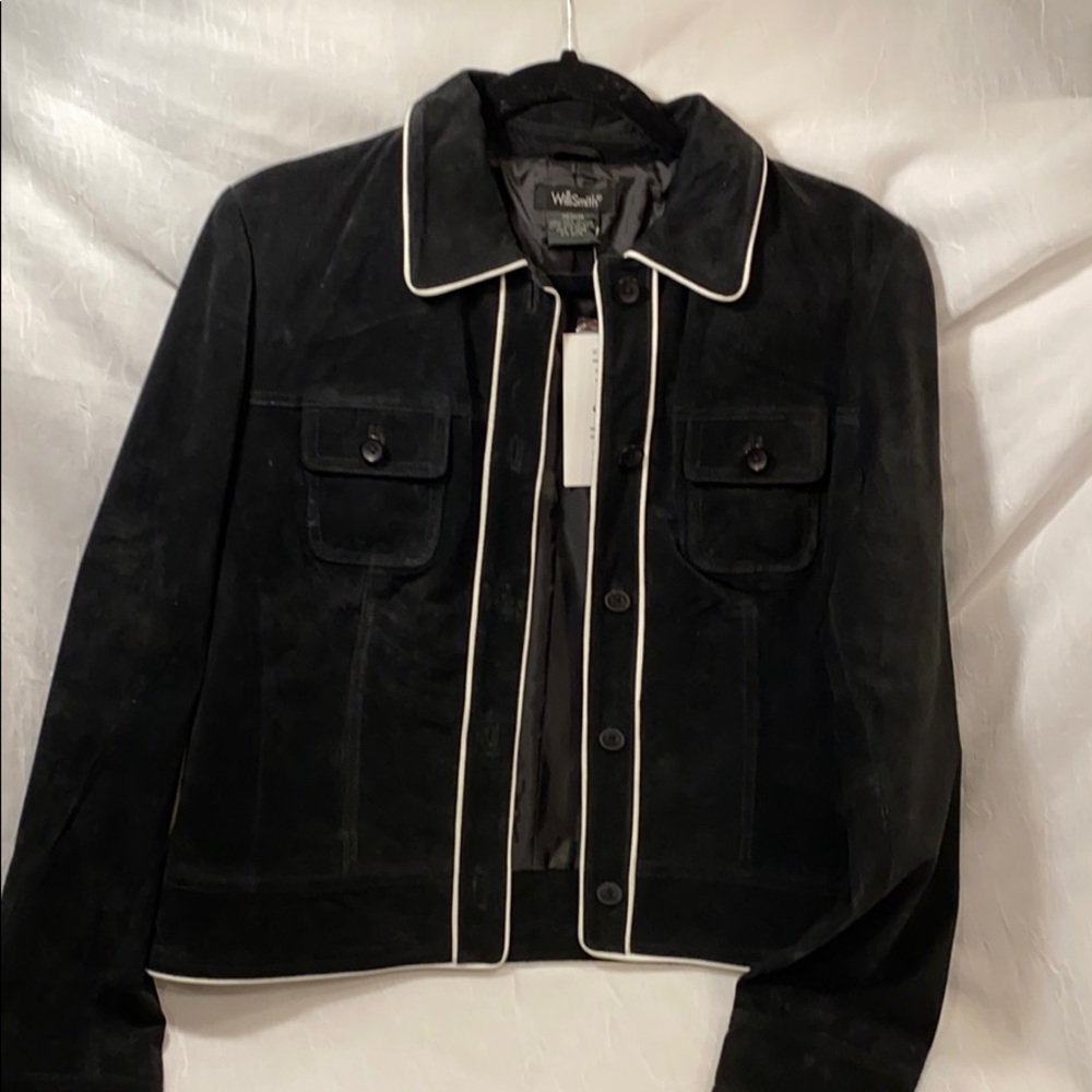 Black Leather coat with white piping